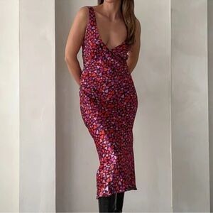 NWT Rumored Heart Print Backless Midi Dress Sz S Valentine’s Day Satin
